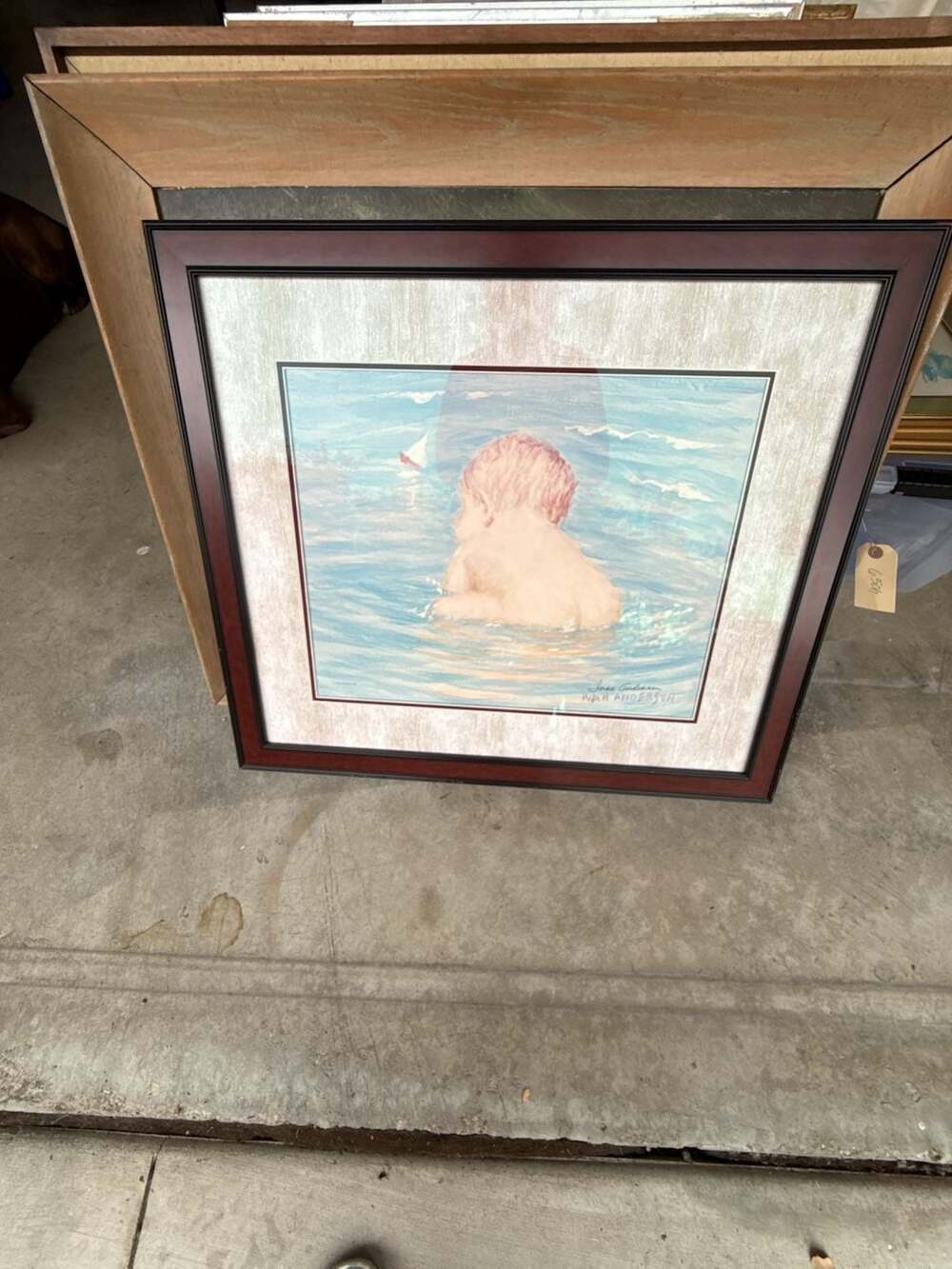 Vintage Ivan Anderson Framed Beach Scene Art Print of Baby and Sailboat